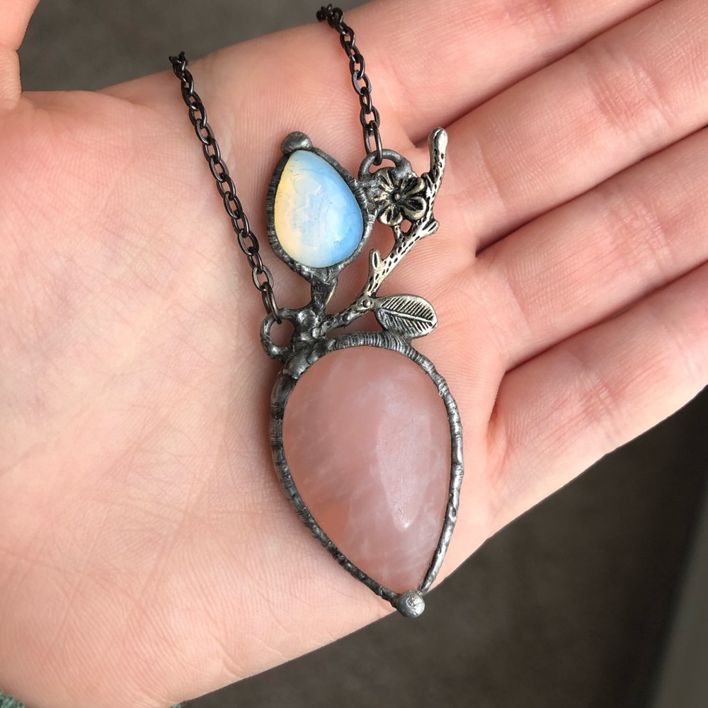 Handcrafted Rose Quartz Opalite Floral Necklace